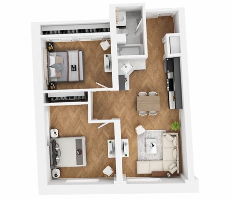 Floor plan for 2 beds, 1 bath, 821 sqft
